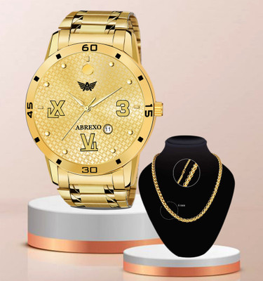 ABREXO Abx8403-GD Gold Date Working Watch Date Functioning Golden Wrist Watch with Designer Chain Exclusive Combo for Boys Analog Watch  - For Men