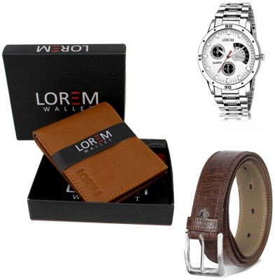 LOREM Men Combo Of Silver Watch-Tan Arificial Leather Wallet & Brown Belt Analog Watch  - For Men