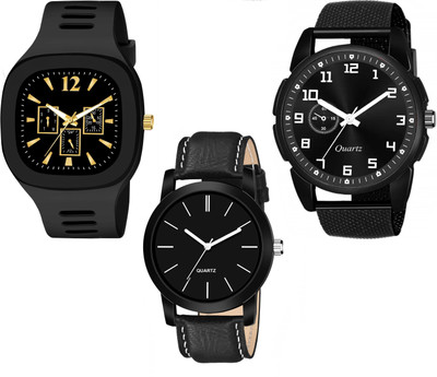 THENUREVENTERPRISE New Stylish Combo Of 3 Black Silicone Strap PU Strap & Leather Strap Analog Watch  - For Men