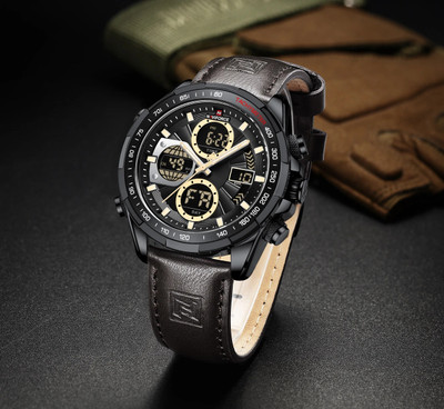 Alix Brown leather strap and black case with eye catchy dial stylish dual time Analog-Digital Watch  - For Men