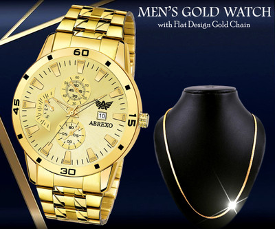 ABREXO Abx8404-GD Gold Date Working Watch Plus Flat Design Golden Chain Special Combo Pack For Boys Analog Watch  - For Men