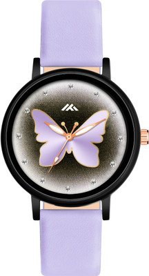 Loretta Purple Butterfly Print Slim Dial Leather Belt Women Analog Watch  - For Girls