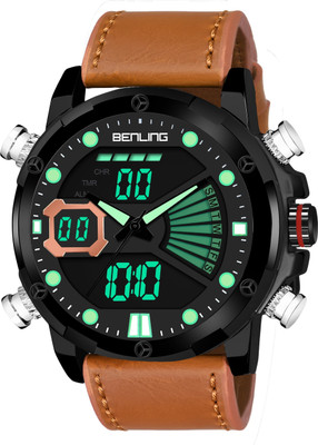 Benling BL-1020-BLKCASE-SQR-BLK-TAN Analog Digital Multifunctional Sports / Formal / Casual Alarm Stopwatch EL Light Boys | Gents (Black Dial Tan Leatherette Strap) Analog-Digital Watch  - For Men