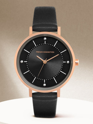 French Connection Men's Analog Black Watch | Rhinestone Black Sunray Dial Analog Watch  - For Women