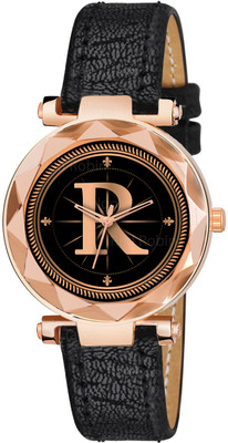 Talgo ALPHA-R-GEN-RG-BLK-CUTL Fancy Design Stylish ALPHABET R Dial Black Leather Strap Women Wrist Watch Analog Watch  - For Girls