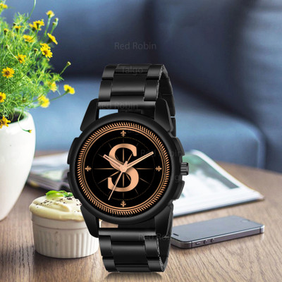 Red Robin ALPHA-S-J16-BLK-CDBLK Fancy Design Stylish ALPHABET S Dial Black Leather Strap Men Wrist Watch Analog Watch  - For Boys