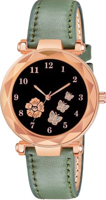 MAAN INTERNATIONAL FBF223 Flower Butterfly Design Dial Green Lather Strap Woman Analog Watch  - For Girls