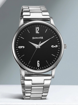 SONATA SONATA ASPIRE 1.0 Sonata Aspire Black Dial Silver Stainless Steel Strap Analog Watch  - For Men