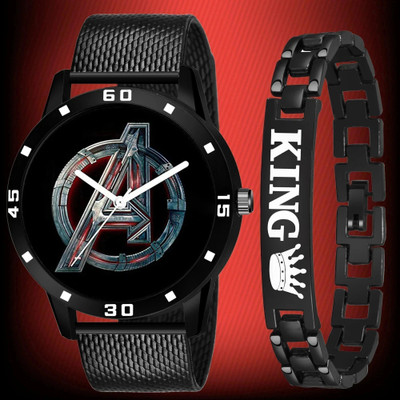 SHURAI combo_an_watch_gents display Black Dial Adjustable Stainless Steel Watch and King Bracelet Analog Watch  - For Men