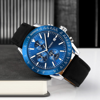 YHMEI YH208 Blue Dial Chronograph Working Black Leather Strap Analog Watch  - For Men