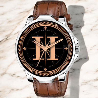 Natrix ALPHA-H-3K-SIL-DBRW-CRL Fancy Design Stylish ALPHABET H Dial Brown Leather Strap Men Wrist Watch Analog Watch  - For Boys