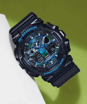 CASIO GA-100CB-1ADR G-SHOCK GA-100CB-1ADR Blue Camouflage Dial Black Resin Strap Analog-Digital Watch  - For Men