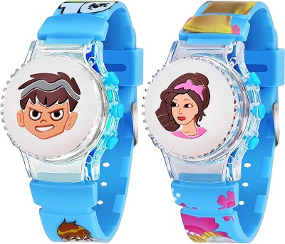 Time Up Cartoon Glowing Combo Set of 2 Cartoon Printed Glowing Light Rotating Cover Small Kids Digital Watch  - For Boys & Girls