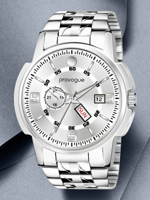 PROVOGUE Gifting for and boys All Silver Day and Date Functioning Long Life Sliver Plated chain Quartz Analog Watch  - For Men