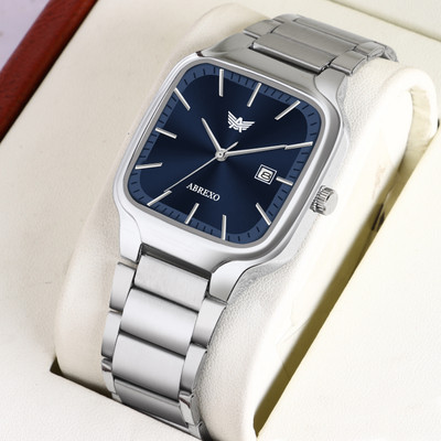 ABREXO Abx8875-Blue Silver Date Watch Causal Trending New Designer Square Chain Blue Dial Date Analog Watch  - For Men