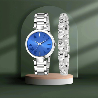 MAHAVIRA COLLECTION TTN BLUE_WITH_SILVER BRACELET New Combo Attractive Design Dial & Stainless Steel Strap With Silver Bracelet Analog Watch  - For Women