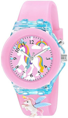 REGARDS New Pink 3D Cartoon Analouge with 7 Color Glowing Disco Light Unisex Analog Watch  - For Girls
