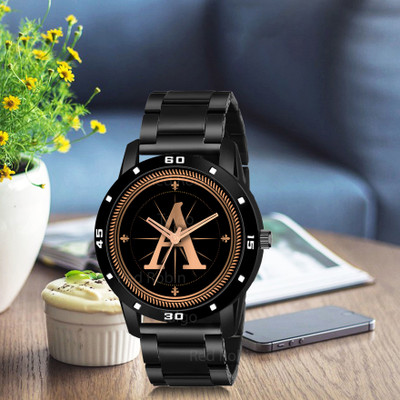 Red Robin ALPHA-A-AVO-BLK-CDBLK Fancy Design Stylish ALPHABET A Dial Black Leather Strap Men Wrist Watch Analog Watch  - For Boys