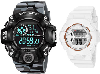 Motugaju Digital Grey White Watch Army Strap Waterproof Digital Sports Combo Set Digital Watch  - For Men