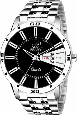 PIRASO 2038-BLACK-SILVER CHAIN ANALOG DAY AND DATE WORKING DISPLAY BLACK DIAL&SILVER CHAIN WATCH FOR MEN&BOYS Analog Watch  - For Men