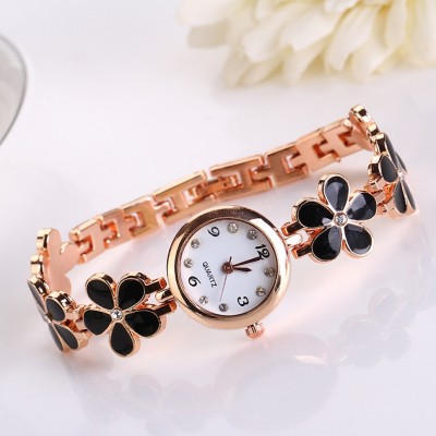 Romofy Black Bracelet Beautiful Bracelet Stylish White Flower Belt Designer Watch For Girls Analog Watch  - For Women