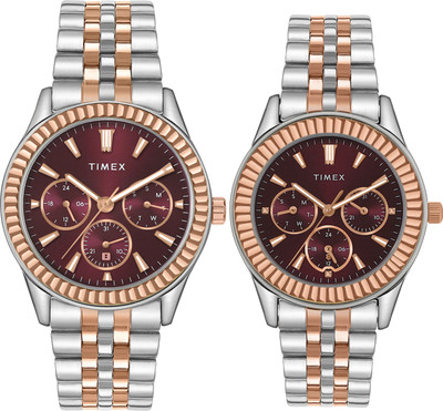 TIMEX Multifunction Burgandy Dial Gift Set Analog Watch  - For Couple