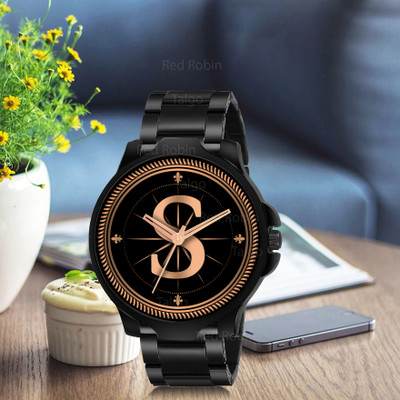 Welix ALPHA-S-3K-BLK-CDBLK Fancy Design Stylish ALPHABET S Dial Black Leather Strap Men Wrist Watch Analog Watch  - For Boys