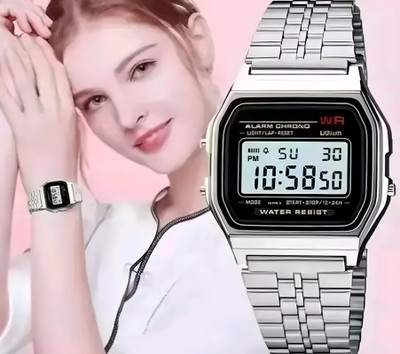 Timofy Silver Digital Alarm Watch Waterproof Stopwatch with Metal Strap Unisex Casual Wrist Series Digital Watch  - For Boys