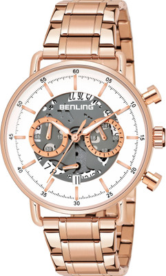 Benling BL-1033-GRY-WYT-RGLD Chronograph Date Display Watch 38.7MM Dial Ion Plating Stainless Steel Chain Formal | Casual | Party Watch for Boys & Men Analog Watch  - For Men