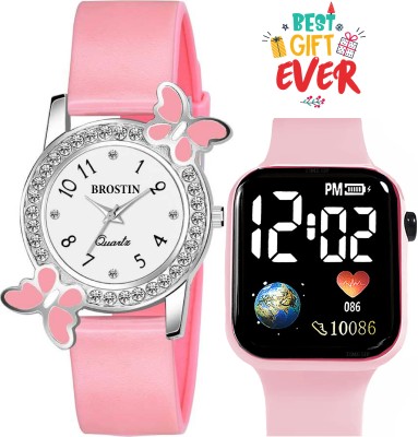 Flipstar New Fashion Butterfly White Dial & Pink Silicon Strap Combo Square Led Analog-Digital Watch  - For Boys & Girls