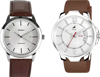 Giomex 1584SL03_1 Silver Date-Combo-DD White Silicon Brown Strap 1584SL03_1 Silver Date-Combo-DD White Silicon Brown Strap Analog Watch  - For Men & Women
