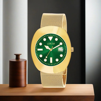 LOREM LR140 Trending Slim Green Dial Golden Metal Mesh Strap Analog Watch  - For Men