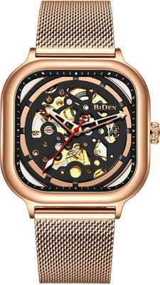 OVERFLY Square Dial Automatic Mechanical Skeleton Luxury Watch BIDEN Square Dial Automatic watch for men Mechanical Skeleton Luxury Rose gold Analog Watch  - For Men