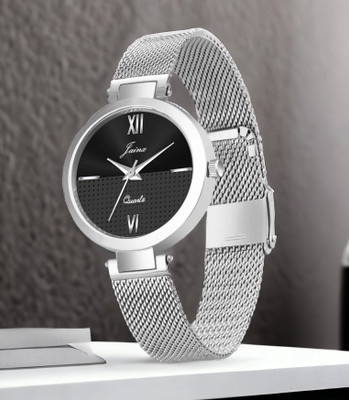JAINX Black Dial Mesh Silver Chain Analog Watch  - For Women