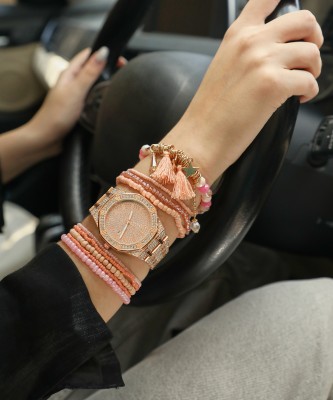 Haute Sauce Set Of Rose Gold Chain Watch And Bracelet Analog Watch  - For Women