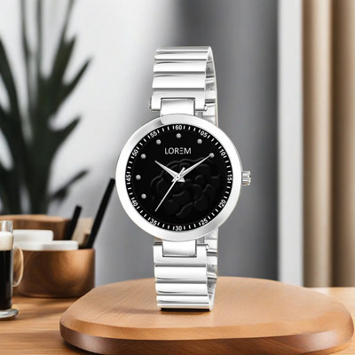 LOREM LR315 Flower Design Black Designer Dial Silver Metal Strap Round Analog Watch  - For Women