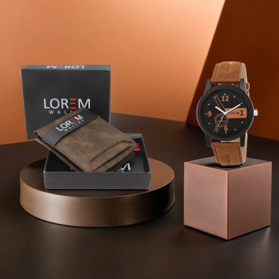 LOREM Combo Of Brown Color Artificial Leather Wallet & Analog Watch  - For Men