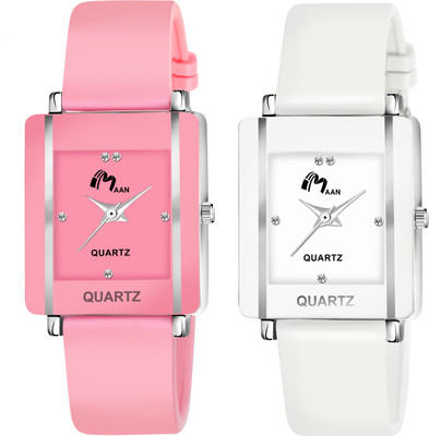 MAAN INTERNATIONAL Cho.248-Combo Pack Of 2 Pink And White Square Dial PU Strap Analog Watch  - For Girls