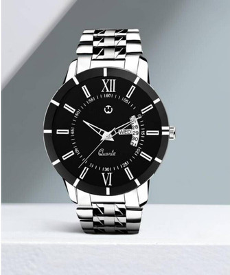 WIZARD TIMES Men's Watch Silver Stainless Steel Strap Black Day & Date Dial Water Resistant Analog Watch  - For Boys