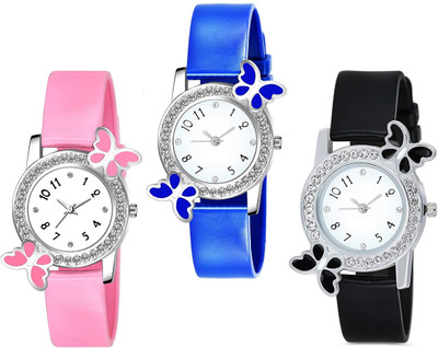 Blue Pearl New Combo Of 3 Pink Blue & Black Butterfly Designer Analog Watch  - For Girls