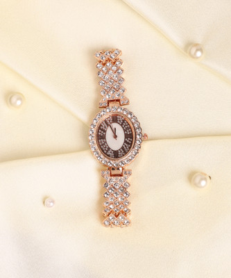Haute Sauce Embellished Rose Gold Oval Dial With Rose Gold Metal Strap Analog Watch  - For Women