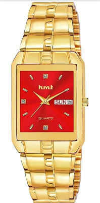 HLMT RED DIAL GOLDEN WATCH Day & Date Original Gold Plated Adjsutable Bracelet Quartz Analog Watch Analog Watch  - For Boys & Girls