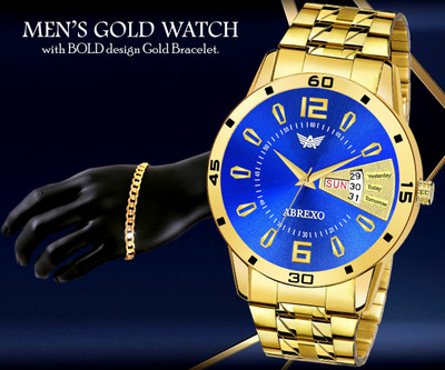 ABREXO Abx1220-BL GD Blue Gold Day & Date Working Watch Plus Bold Designer Golden Bracelet Special Combo Pack For Boys Analog Watch  - For Men