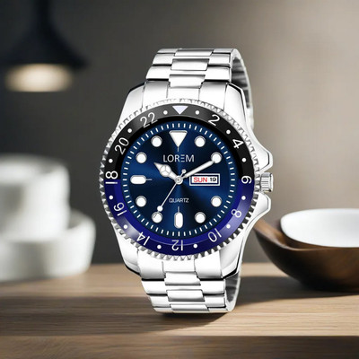 LOREM LR130 Limited Edition Blue Day-Date Function Round Metal Strap Casual Analog Watch  - For Men