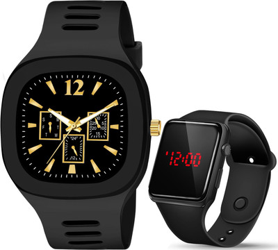 Brostin New Square Black Dial Analogue Silicone Strap & Square Led Analog-Digital Watch  - For Boys