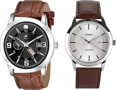 Giomex Katori Black Brown Strap-Combo-1584SL03_1 Silver Date Katori Black Brown Strap-Combo-1584SL03_1 Silver Date Analog Watch  - For Men & Women
