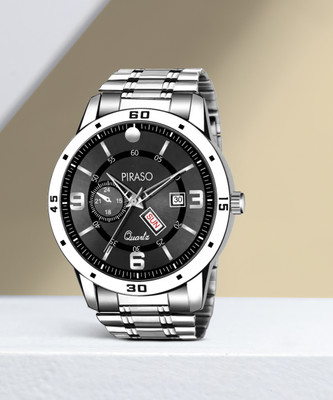 PIRASO D&D F95 BLACK SILVER CHAIN ANALOG DAY AND DATE WORKING DISPLAY BLACK DIAL&SILVER CHAIN WATCH FOR MEN & BOYS Analog Watch  - For Men