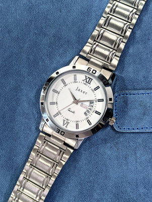 Jaxer Steel Chain White Day & Date Feature Dial Analog Watch  - For Men