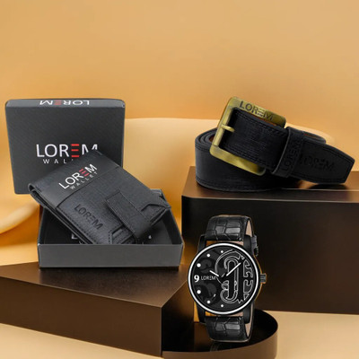 LOREM LR70-WL08-BL01 Combo Of Artificial Leather Black Belt-Black Wallet & Black Analog Watch  - For Men