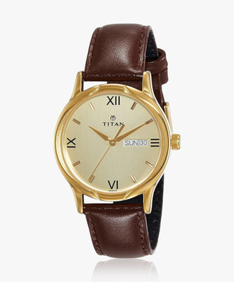Titan NP1580YL05 Titan With Day & Date Champagne Dial Brown LeatherStrap Analog Watch  - For Men